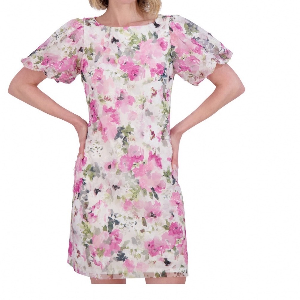 Jessica Howard Pink Floral Lace Puff Sleeve Shift Dress cottagecore Womens 14